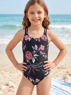 NWT Kanu Girls Reese Black Floral Strappy Cross Back One Piece Swimsuit Size 8